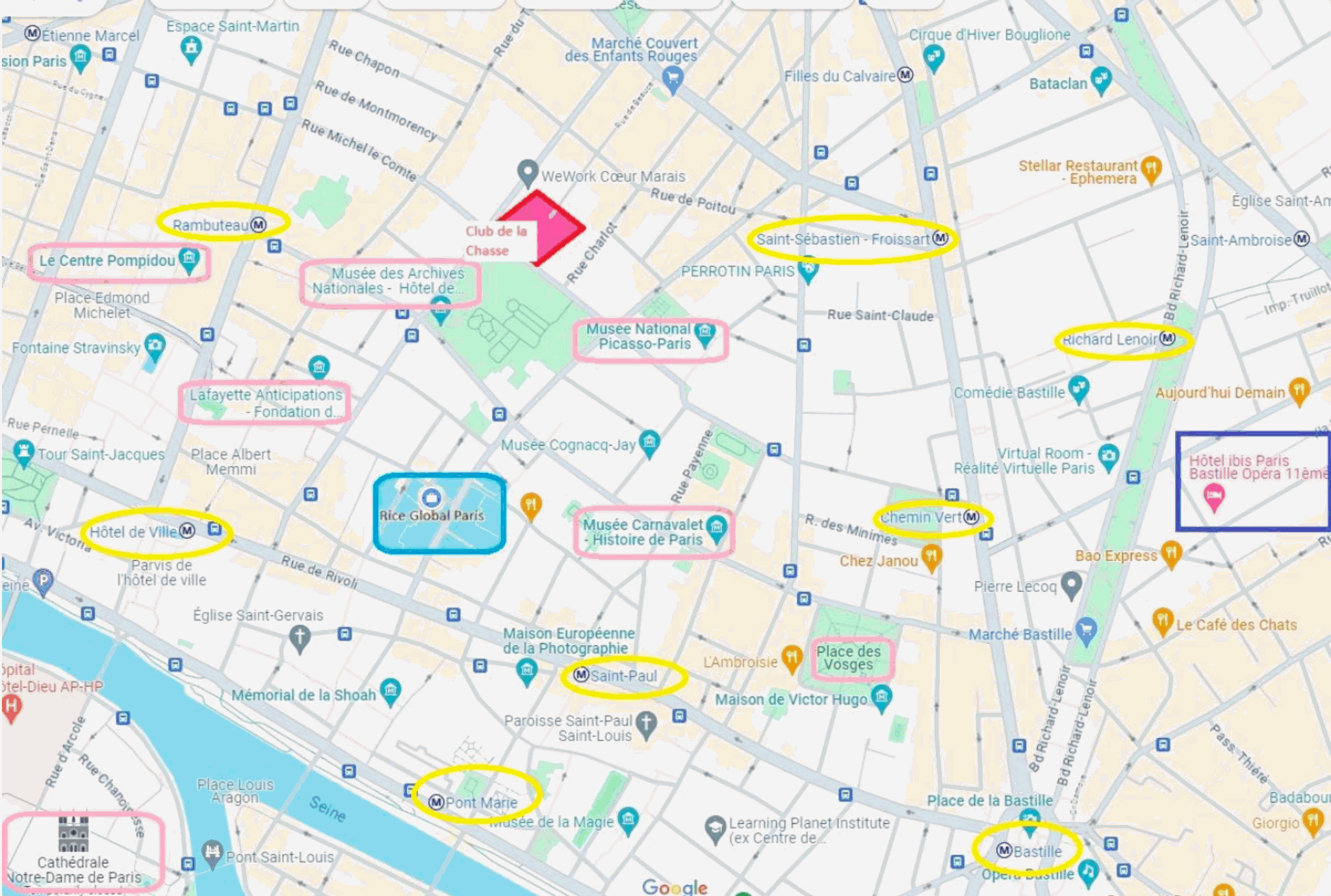 Annotated map of Le Marais with nearby metro stations, venues, and landmarks