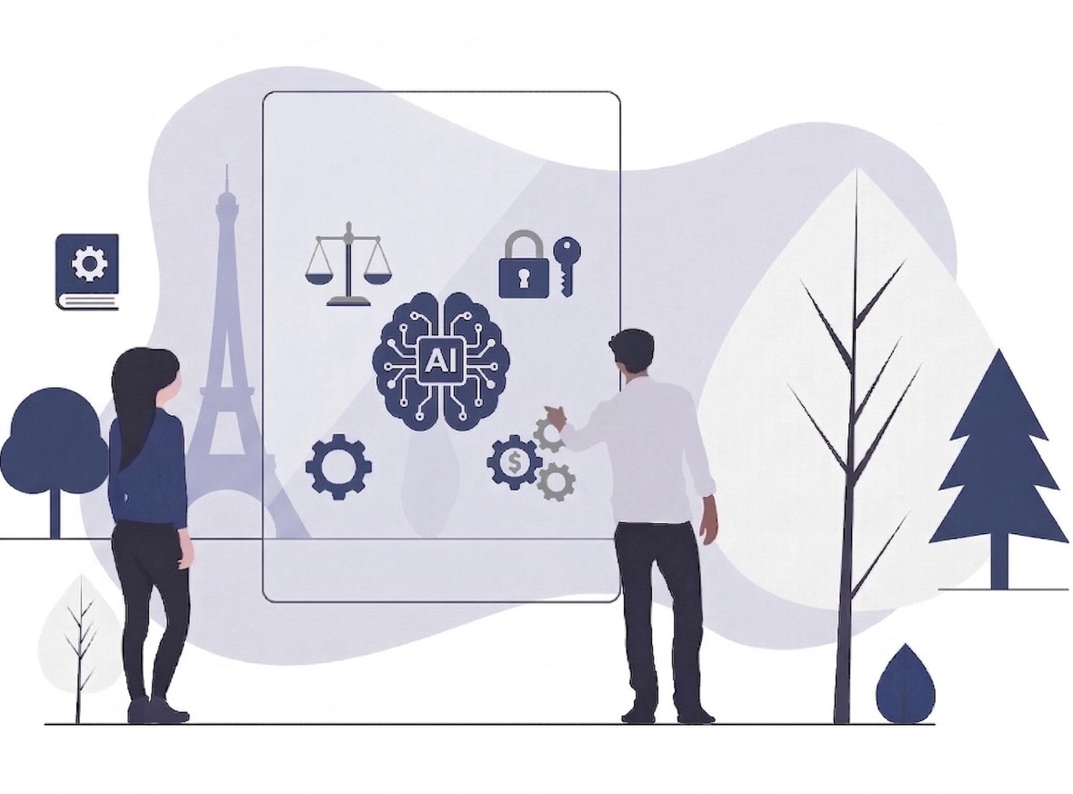 Illustration representing the intersection of AI, policy, privacy, and society